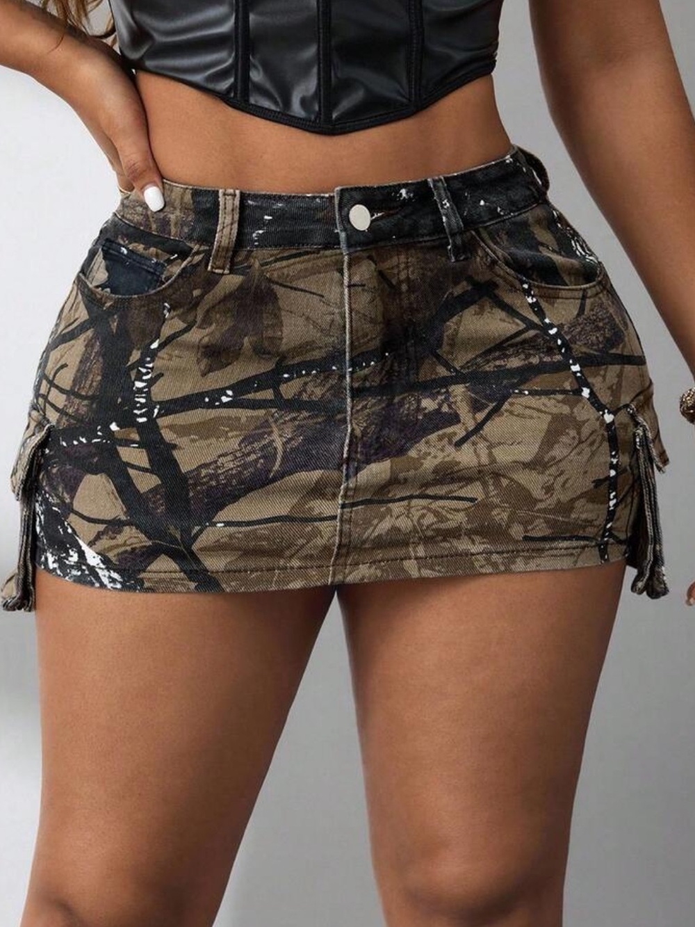 Camo Print Mini Skirt with Side Tabs